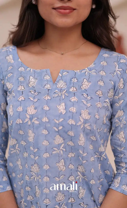 Light blue and White Jaipur Hand Block-Printed Short Top - salwar