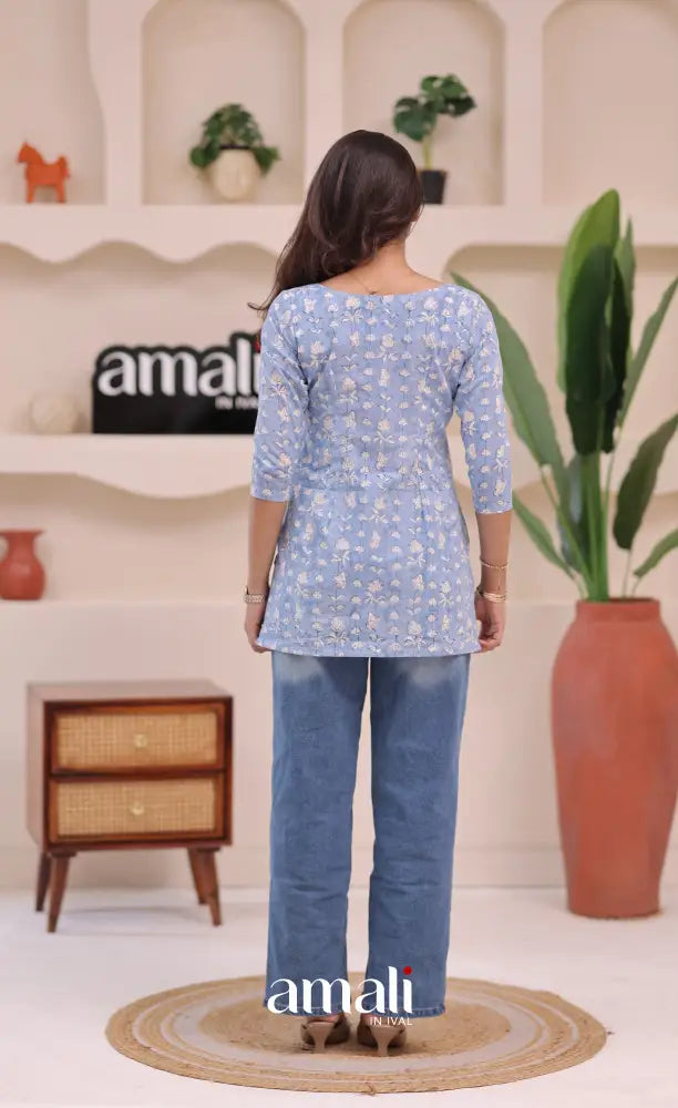 Light blue and White Jaipur Hand Block-Printed Short Top - salwar