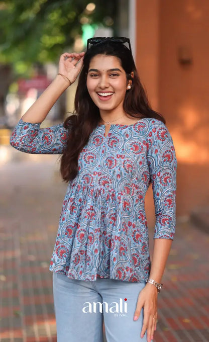 Light Blue Jaipur Hand Block-Printed Short Top - salwar