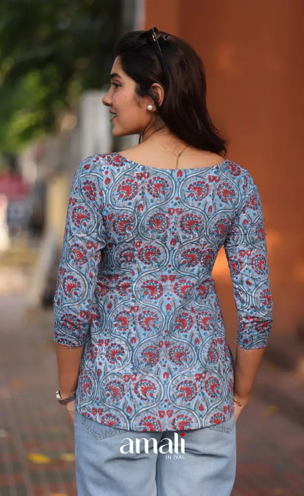 Light Blue Jaipur Hand Block-Printed Short Top - salwar