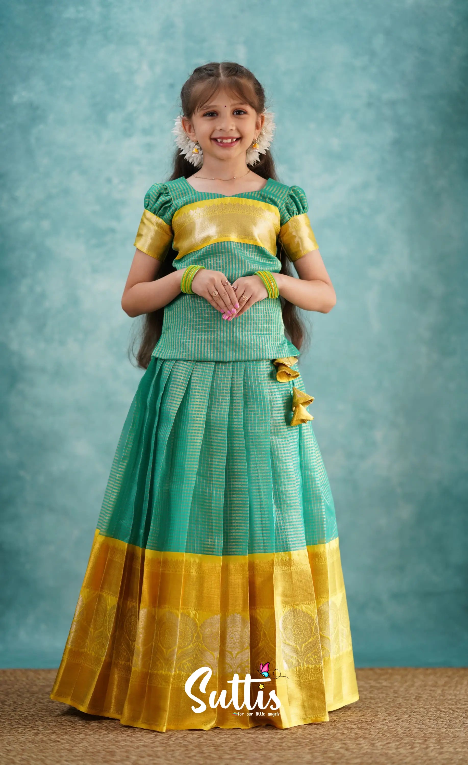 Light Blue Shade And Yellow Tone Organza Pavadai Sattai Kids-Suttis