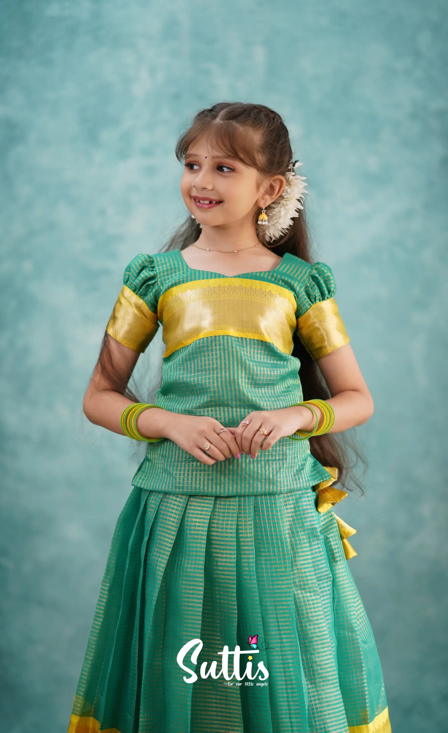 Light Blue Shade And Yellow Tone Organza Pavadai Sattai Kids-Suttis