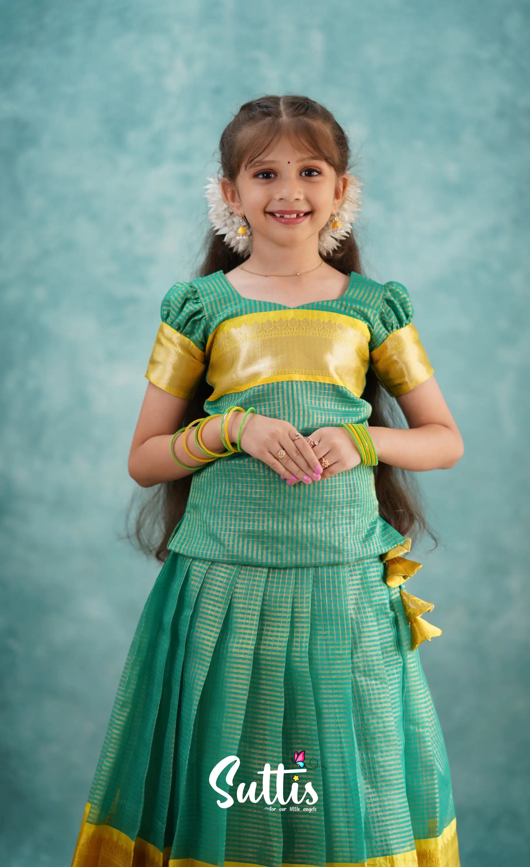 Light Blue Shade And Yellow Tone Organza Pavadai Sattai Kids-Suttis