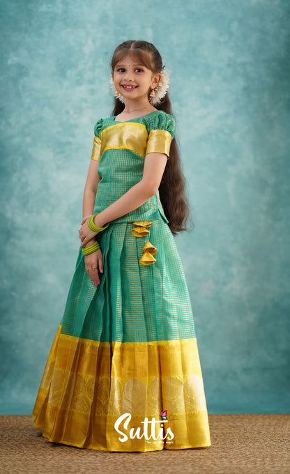 Light Blue Shade And Yellow Tone Organza Pavadai Sattai Kids-Suttis