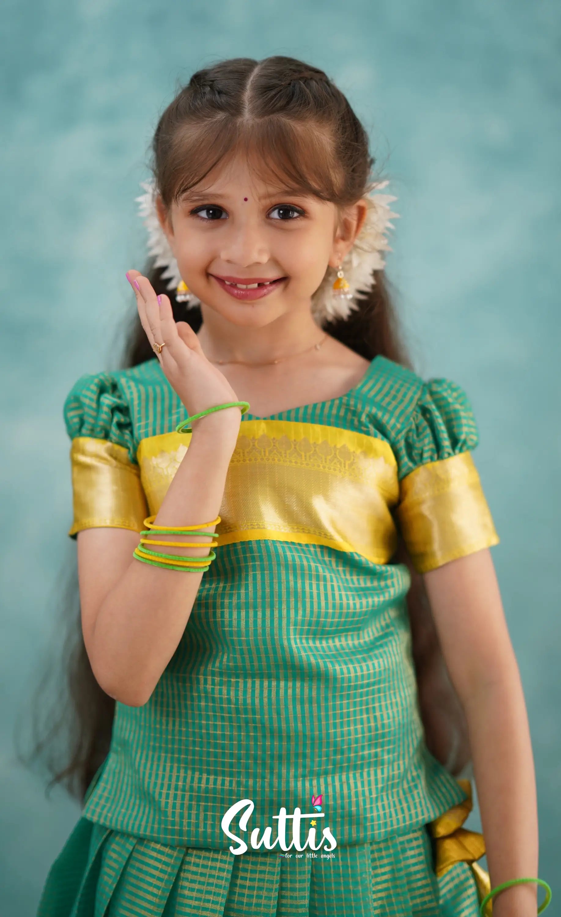 Light Blue Shade And Yellow Tone Organza Pavadai Sattai Kids-Suttis