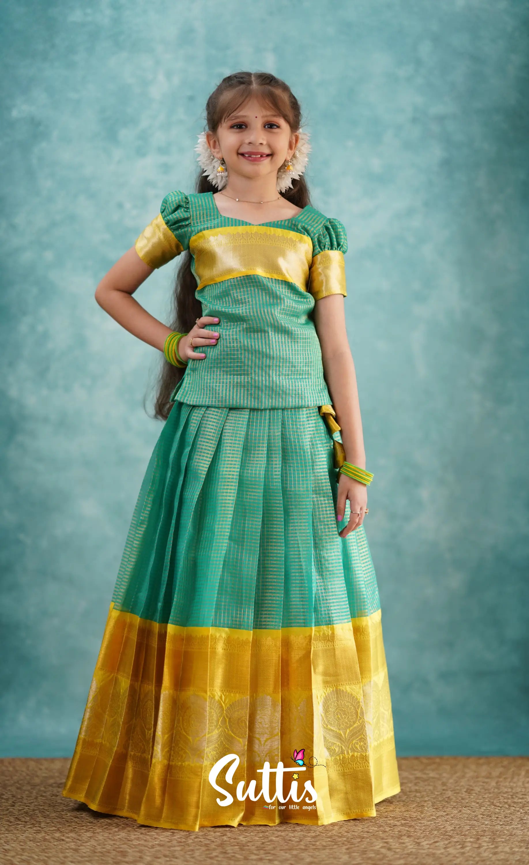 Light Blue Shade And Yellow Tone Organza Pavadai Sattai Kids-Suttis