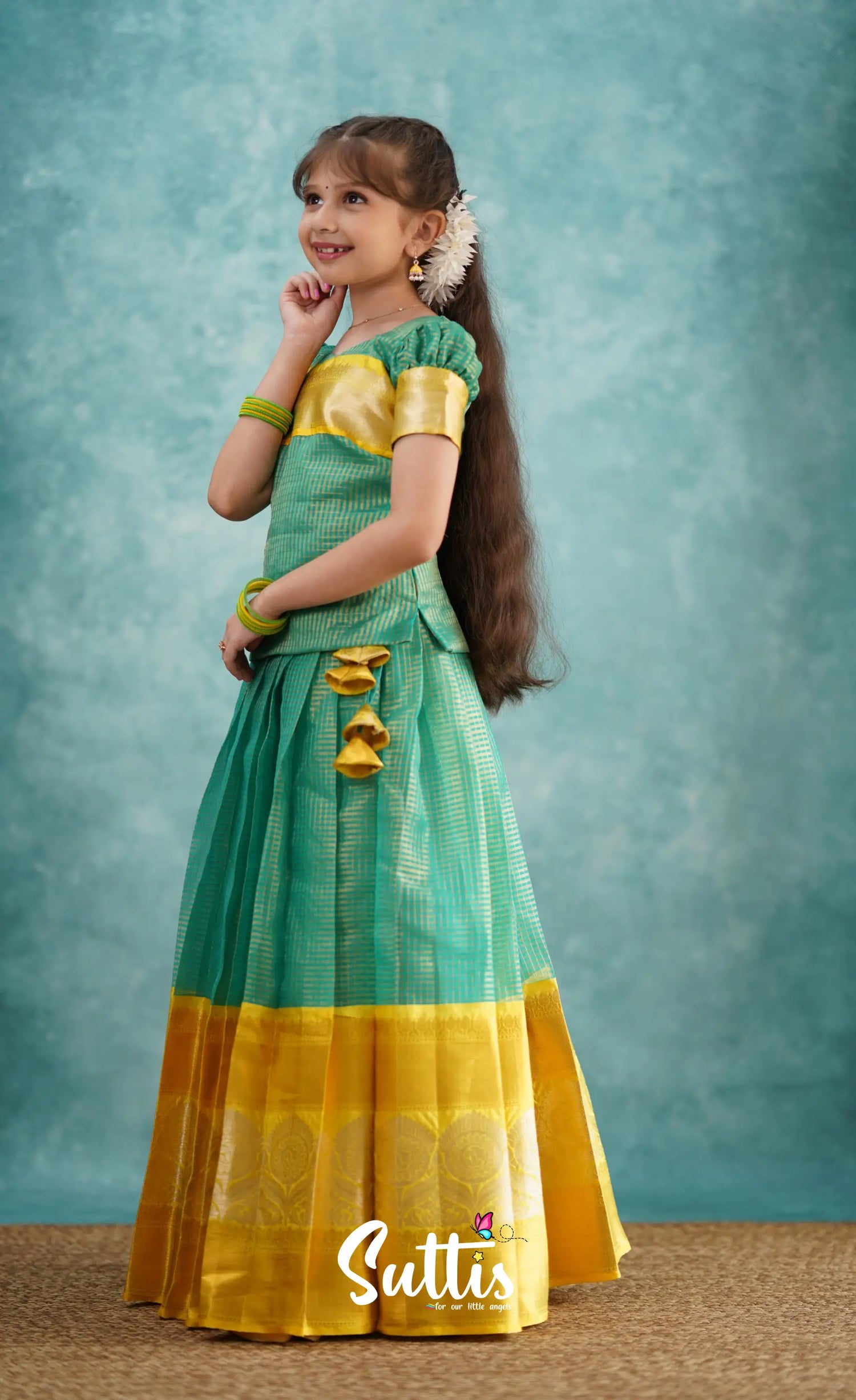 Light Blue Shade And Yellow Tone Organza Pavadai Sattai Kids-Suttis