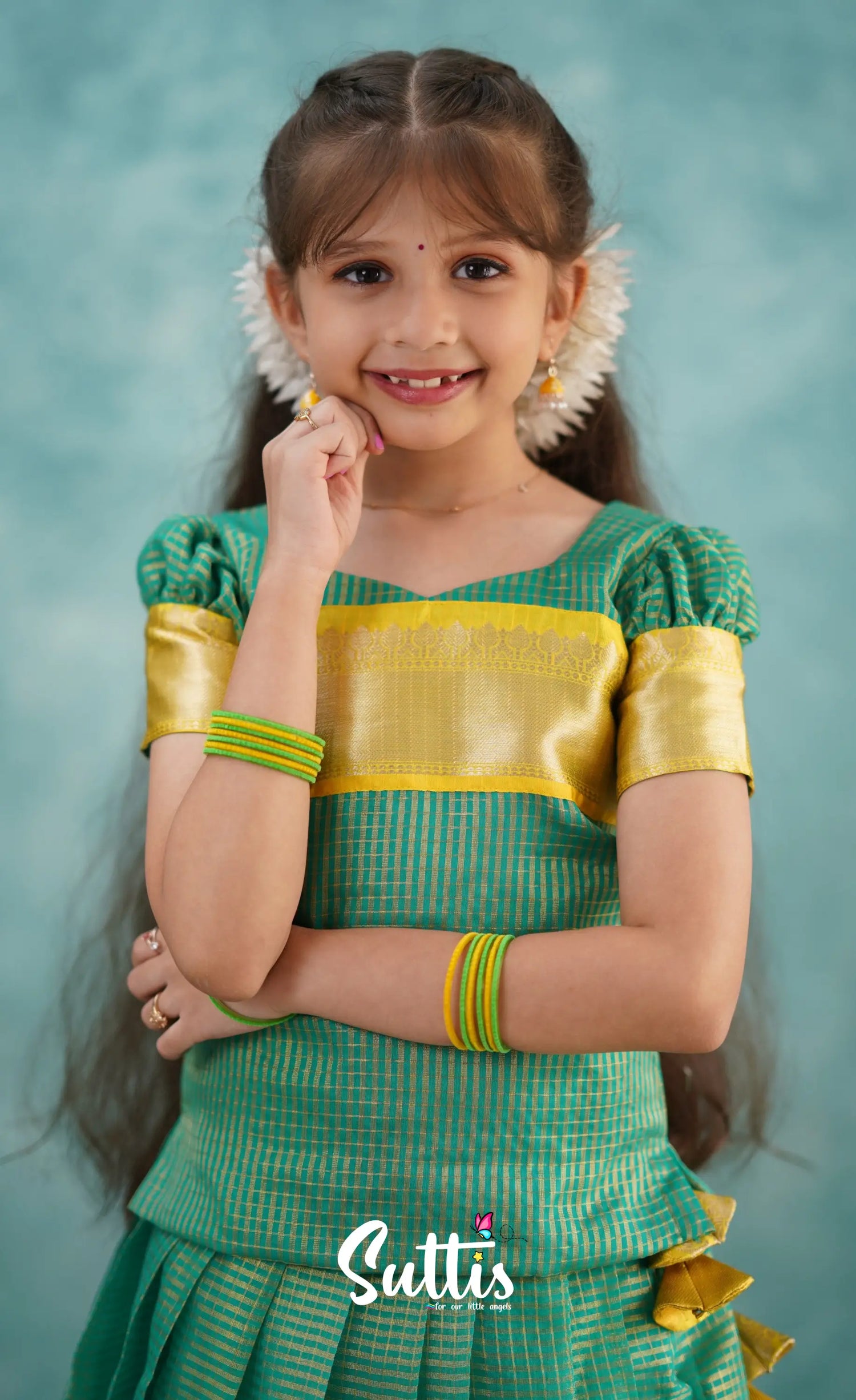 Light Blue Shade And Yellow Tone Organza Pavadai Sattai Kids-Suttis