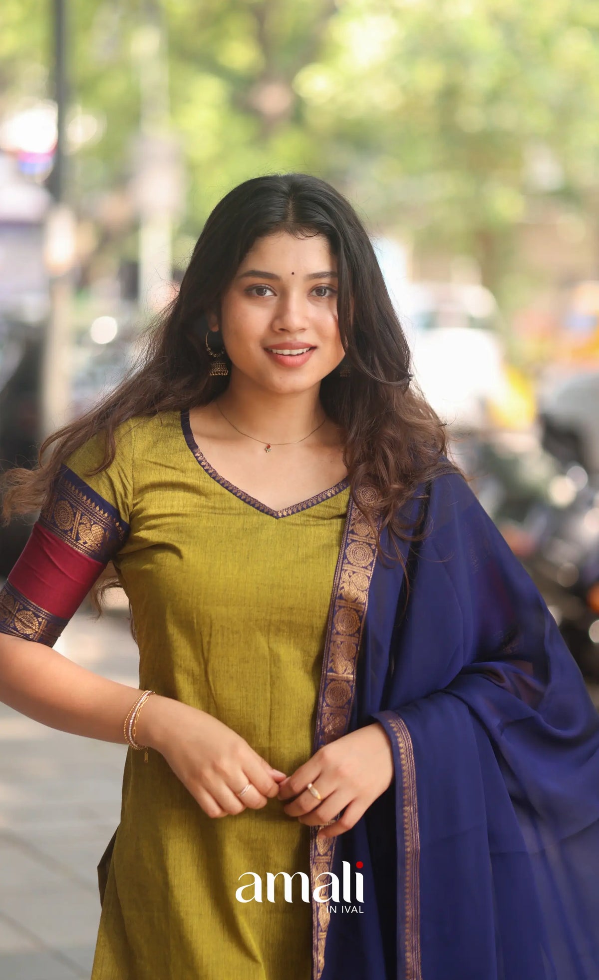 Light Green abd Royal Blue Chettinad Cotton Salwar Set - salwar