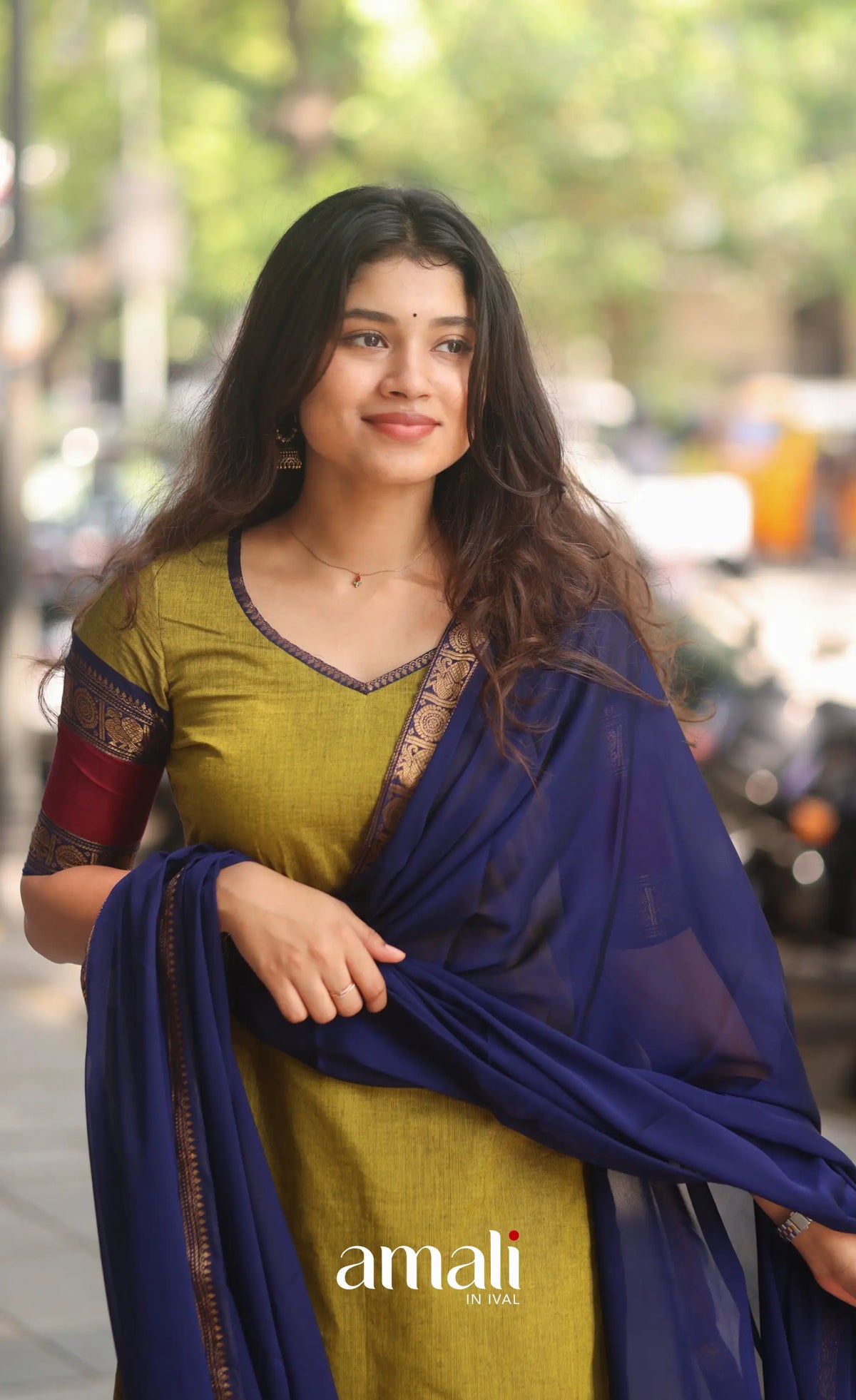 Light Green abd Royal Blue Chettinad Cotton Salwar Set - salwar