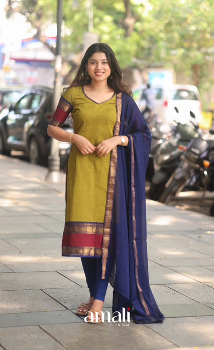 Light Green abd Royal Blue Chettinad Cotton Salwar Set - salwar