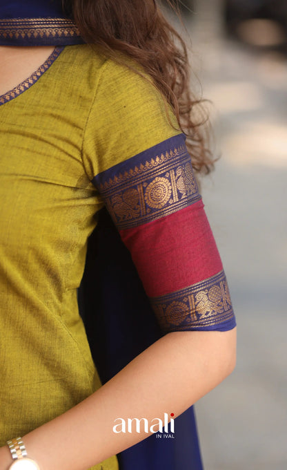 Light Green abd Royal Blue Chettinad Cotton Salwar Set - salwar