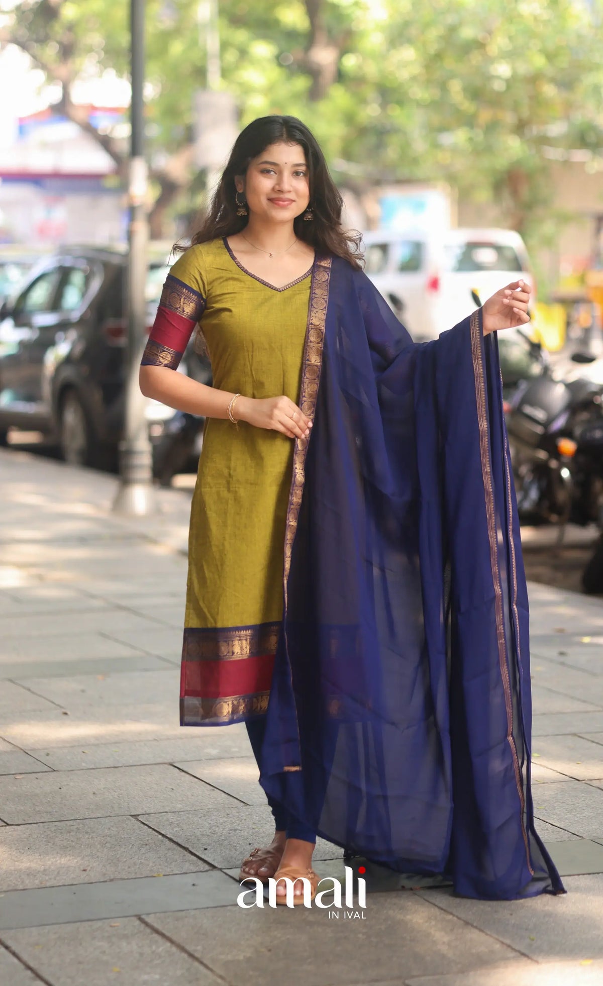 Light Green abd Royal Blue Chettinad Cotton Salwar Set - salwar