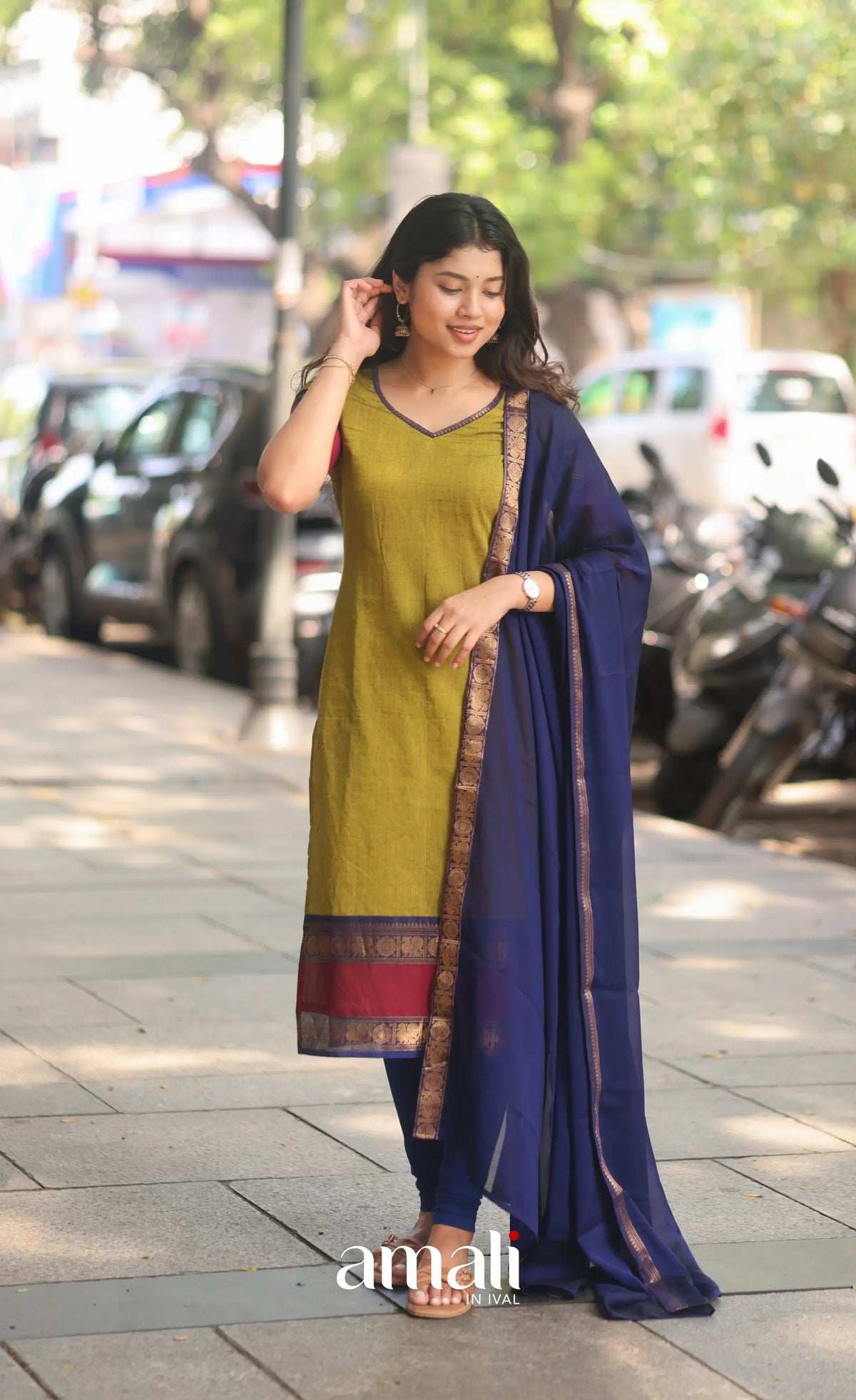 Light Green abd Royal Blue Chettinad Cotton Salwar Set - salwar
