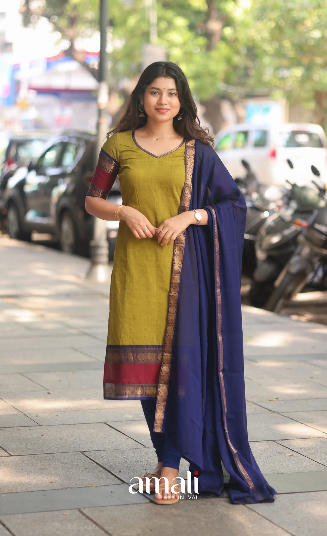 Light Green abd Royal Blue Chettinad Cotton Salwar Set - salwar