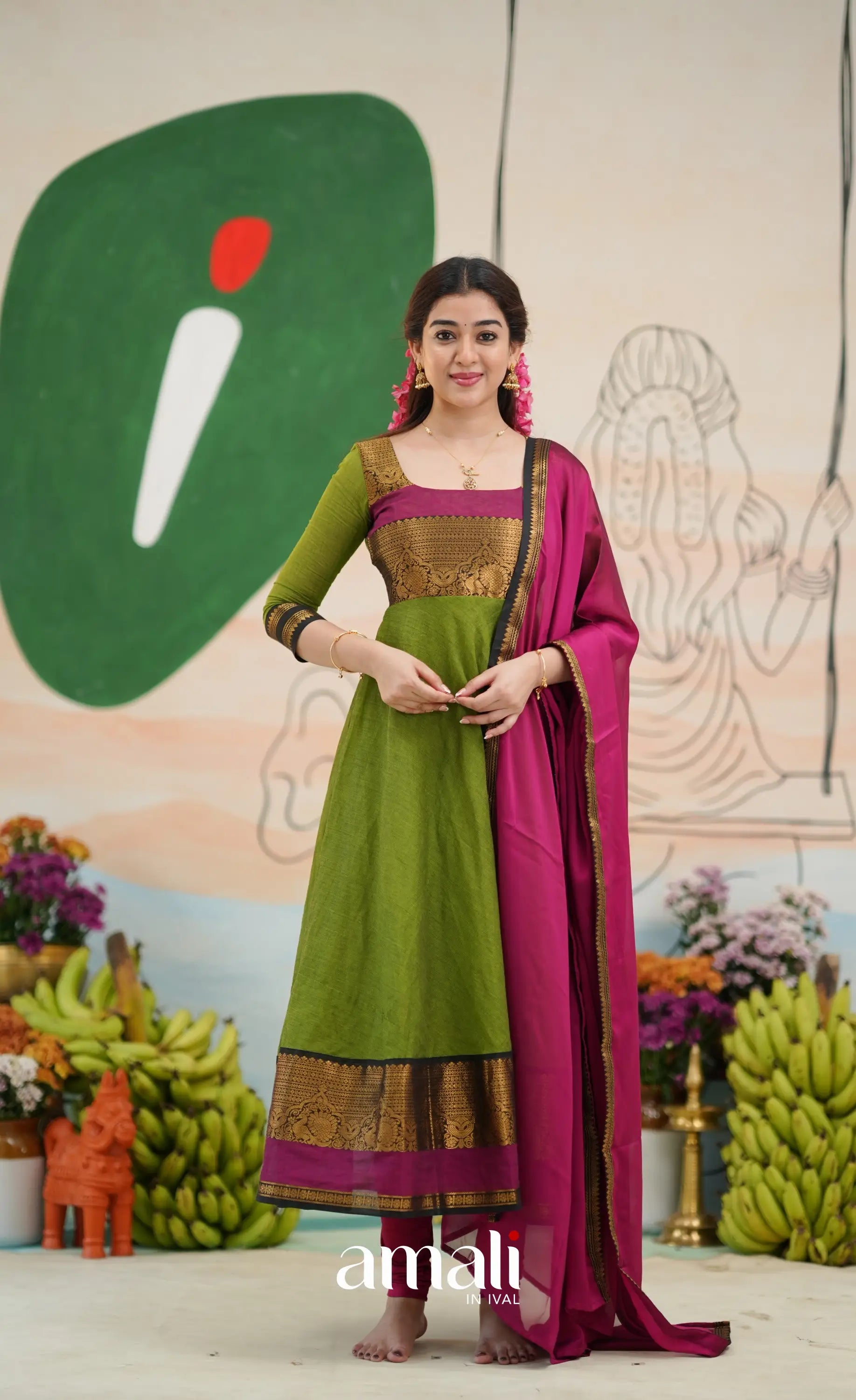 Light green and Magenta pink Chettinad Cotton Anarkali - Anarkalis