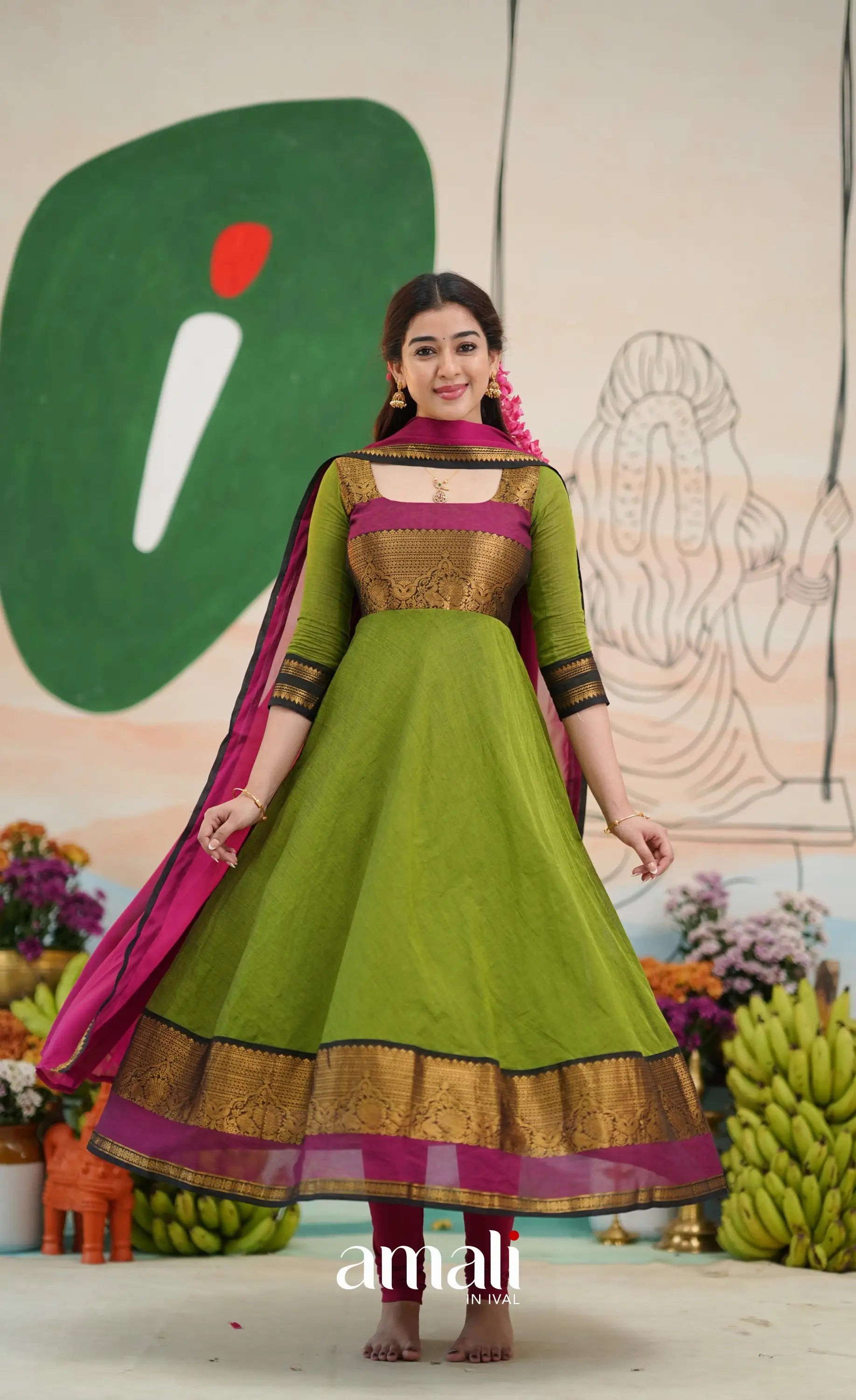 Light green and Magenta pink Chettinad Cotton Anarkali - Anarkalis