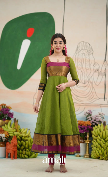 Light green and Magenta pink Chettinad Cotton Anarkali - Anarkalis