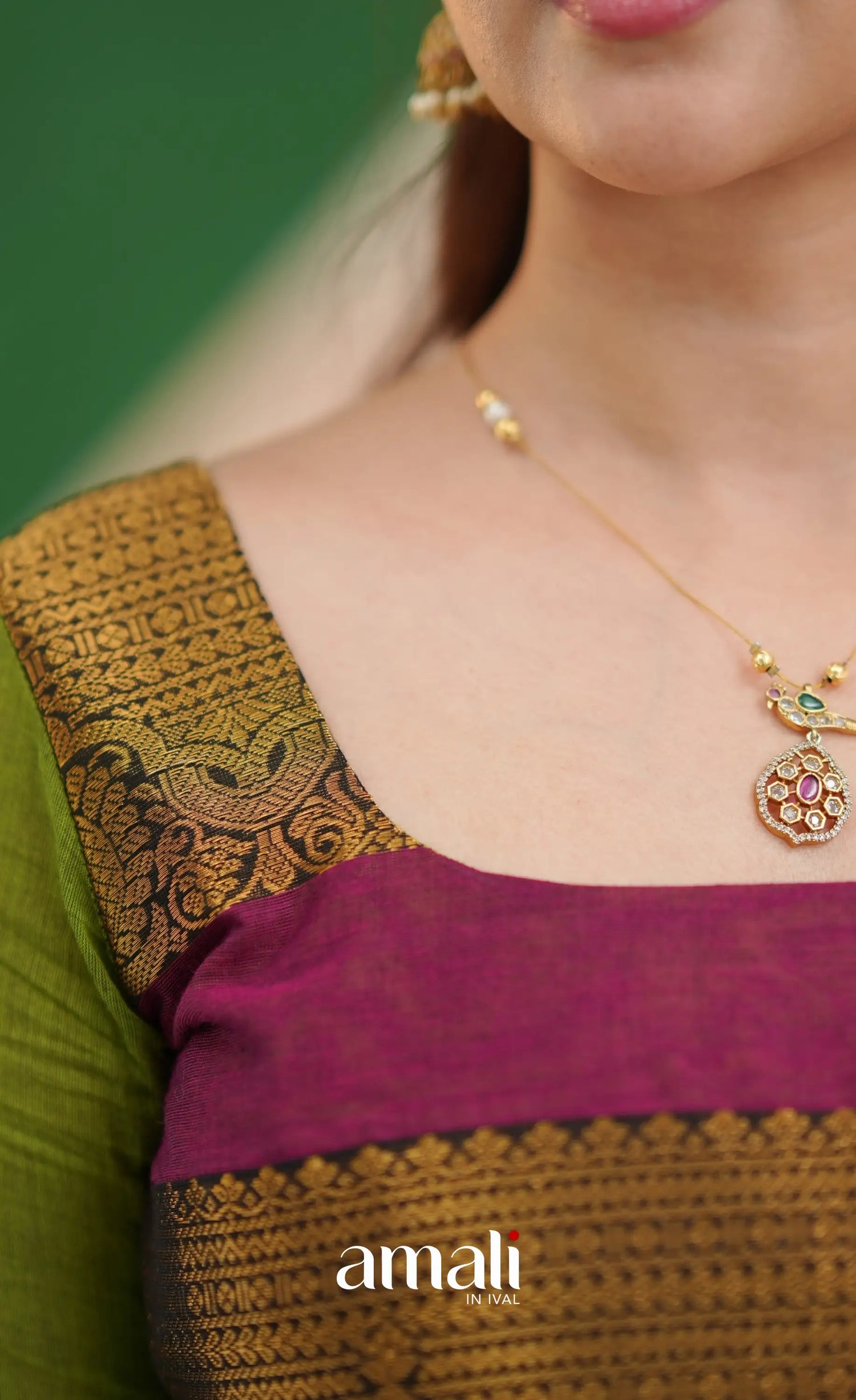 Light green and Magenta pink Chettinad Cotton Anarkali - Anarkalis