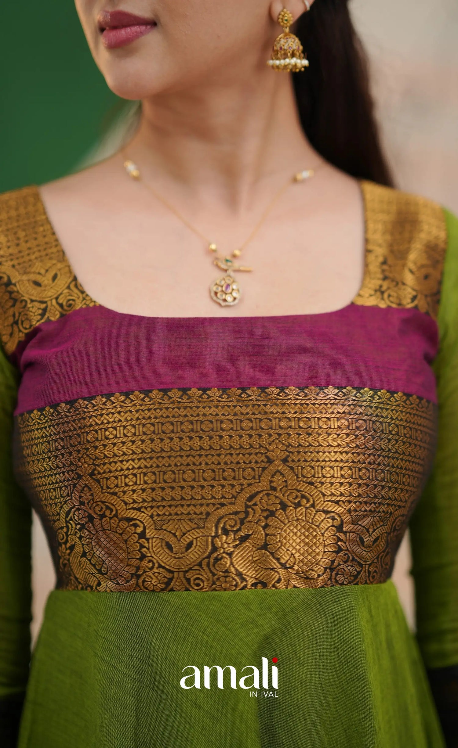 Light green and Magenta pink Chettinad Cotton Anarkali - Anarkalis