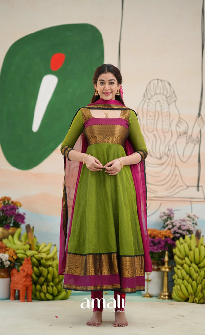 Light green and Magenta pink Chettinad Cotton Anarkali - Anarkalis