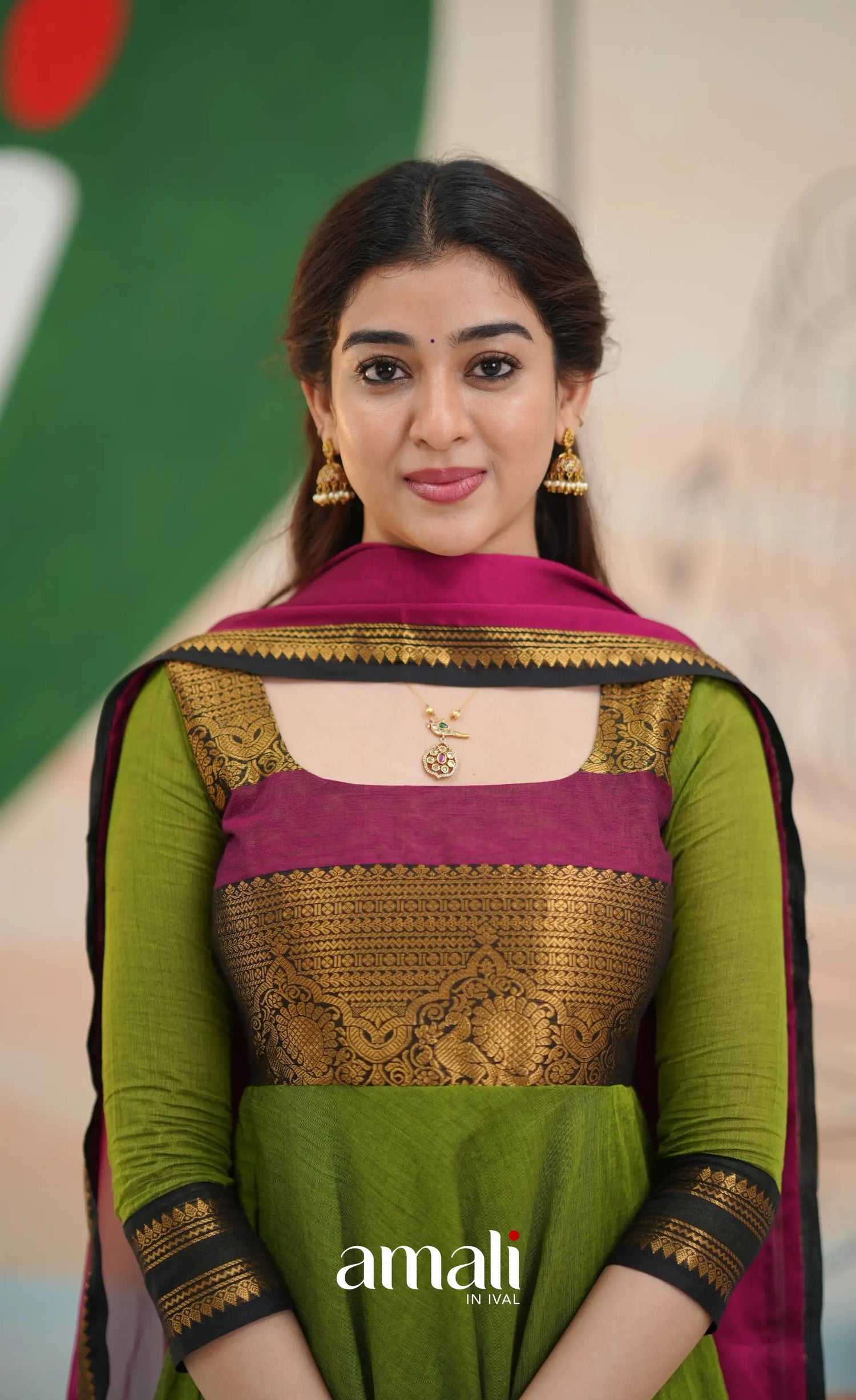 Light green and Magenta pink Chettinad Cotton Anarkali - Anarkalis