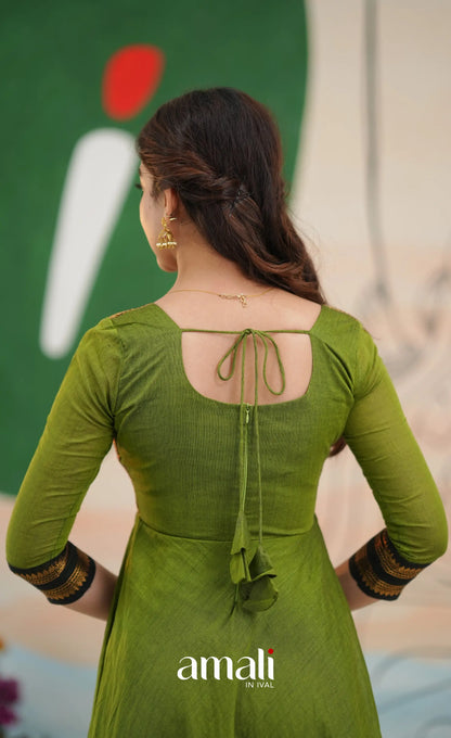 Light green and Magenta pink Chettinad Cotton Anarkali - Anarkalis
