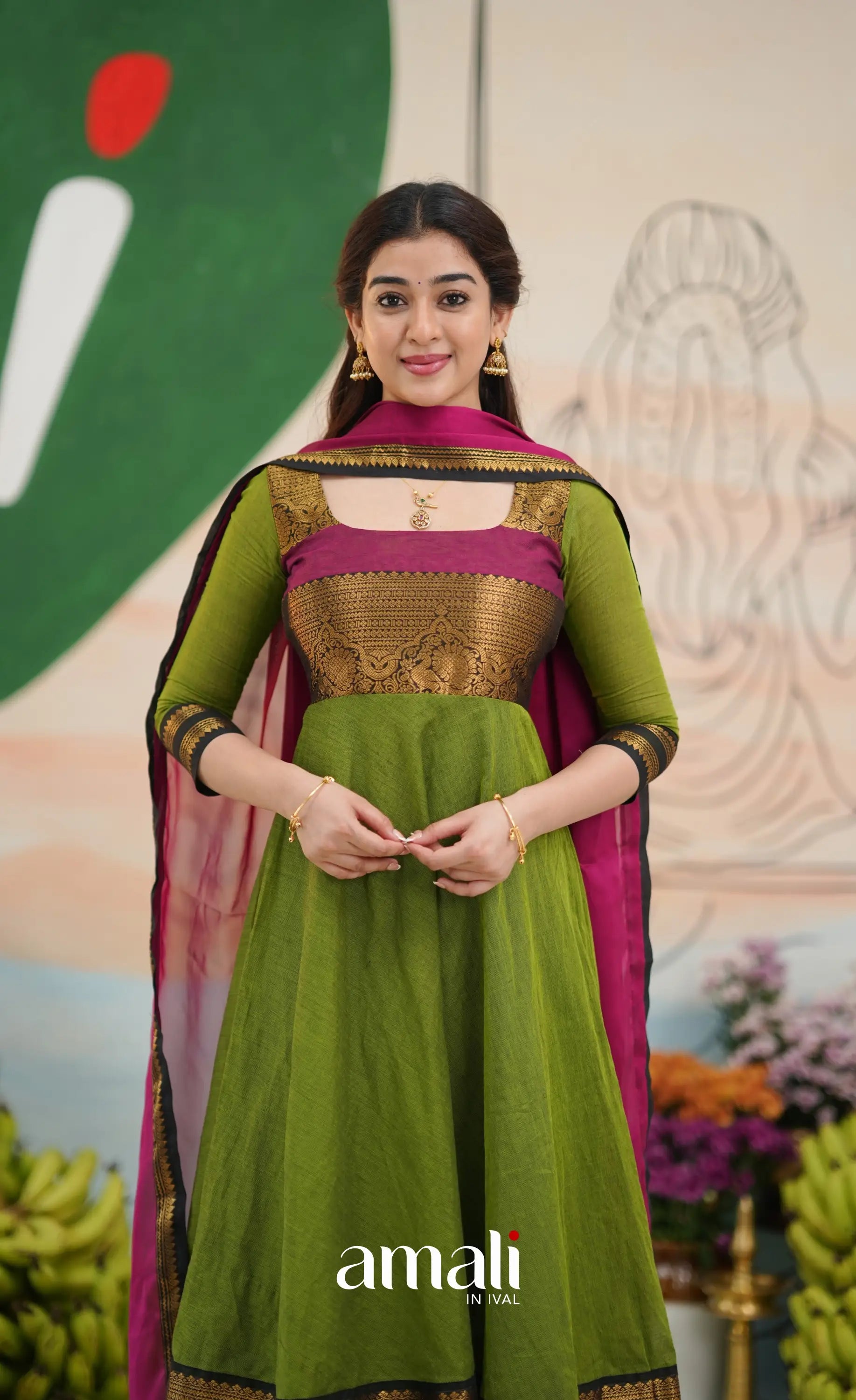 Light green and Magenta pink Chettinad Cotton Anarkali - Anarkalis