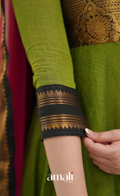 Light green and Magenta pink Chettinad Cotton Anarkali - Anarkalis