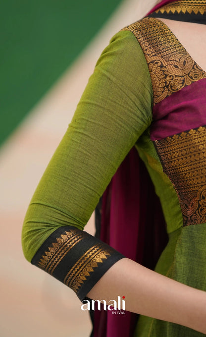Light green and Magenta pink Chettinad Cotton Anarkali - Anarkalis