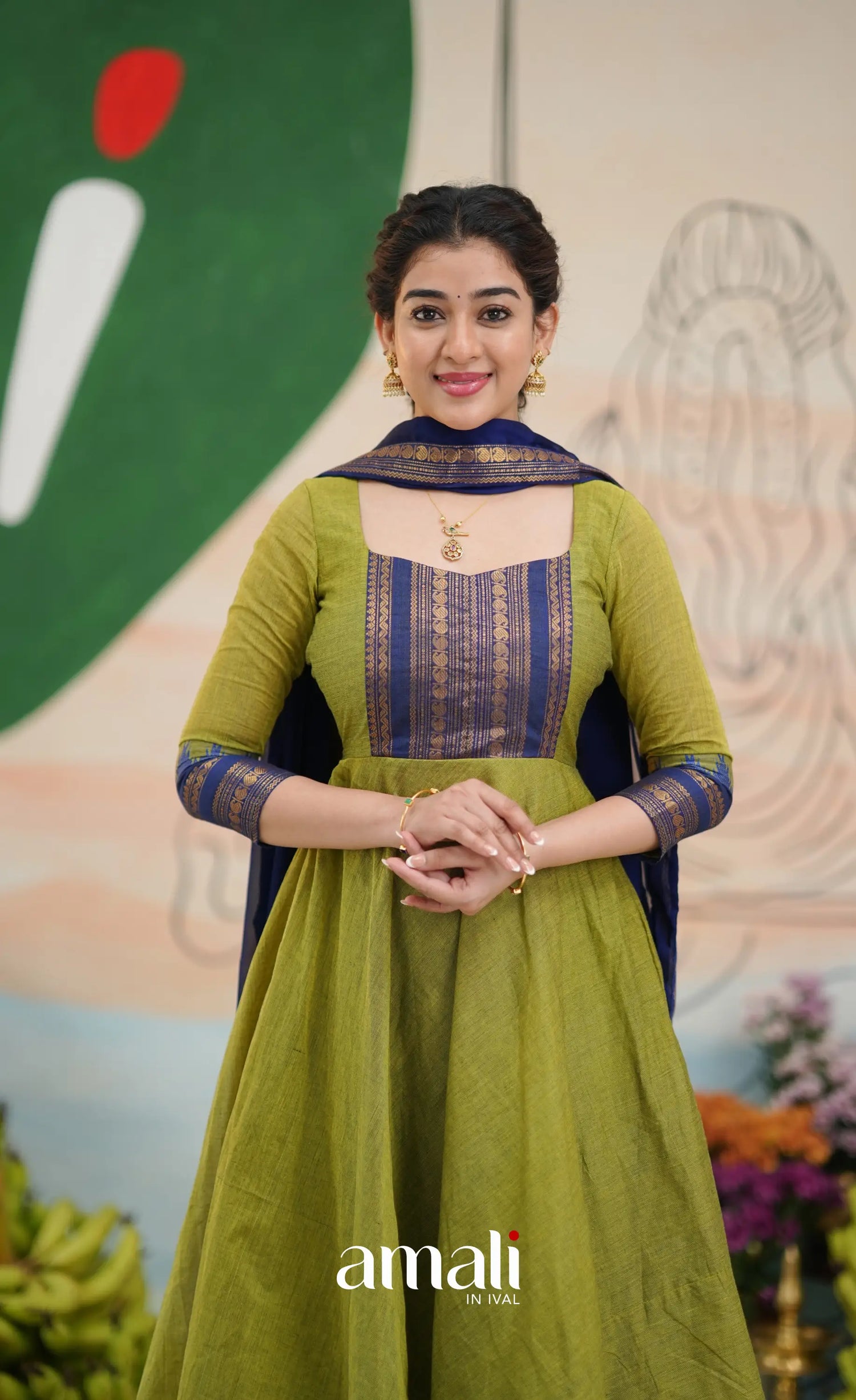 Light green and Royal blue Chettinad Cotton Anarkali - Anarkalis