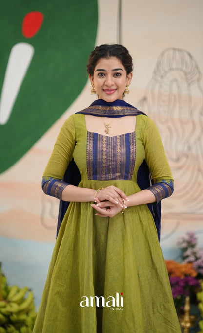 Light green and Royal blue Chettinad Cotton Anarkali - Anarkalis