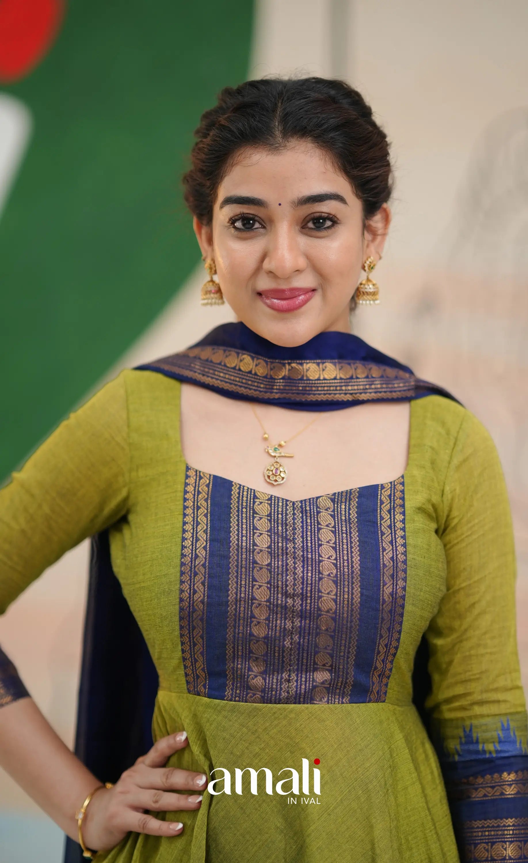 Light green and Royal blue Chettinad Cotton Anarkali - Anarkalis