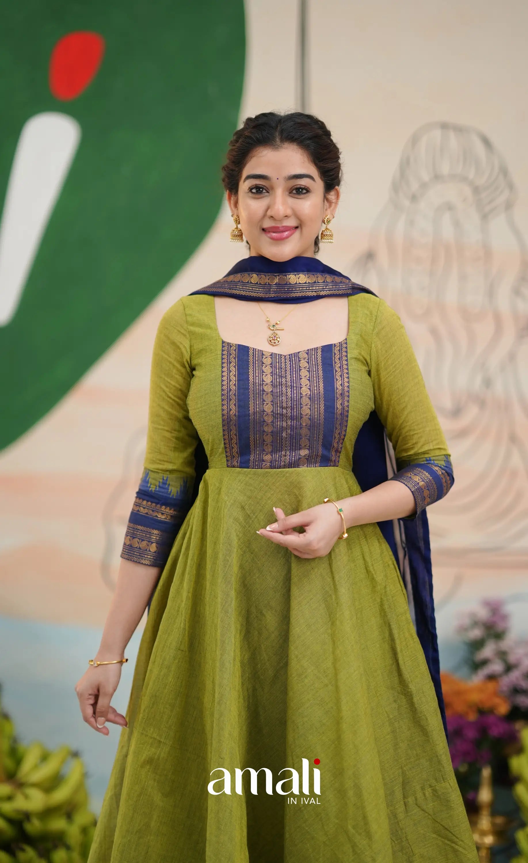 Light green and Royal blue Chettinad Cotton Anarkali - Anarkalis