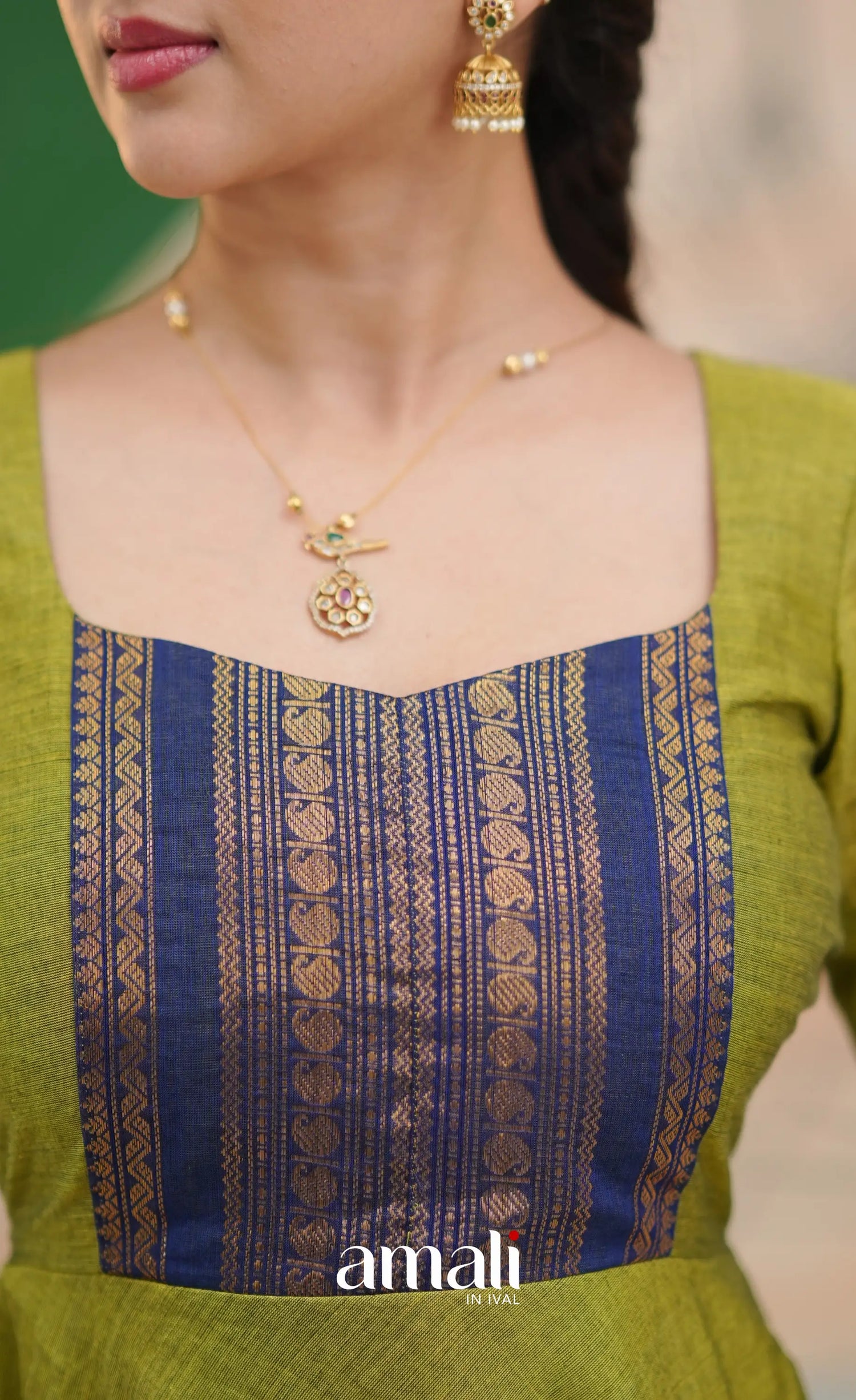 Light green and Royal blue Chettinad Cotton Anarkali - Anarkalis
