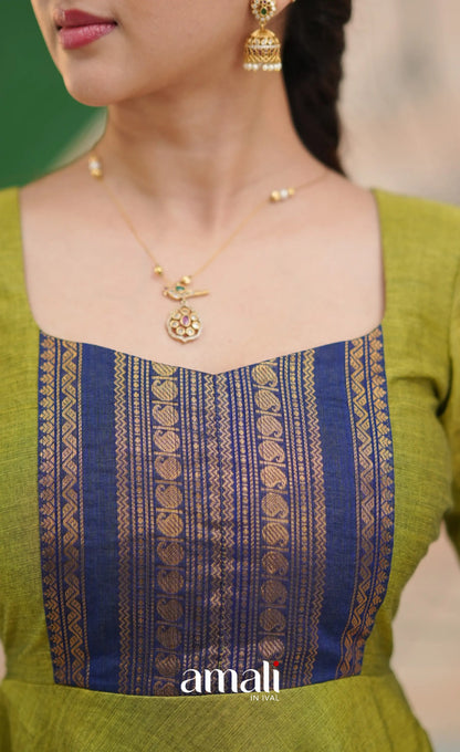 Light green and Royal blue Chettinad Cotton Anarkali - Anarkalis