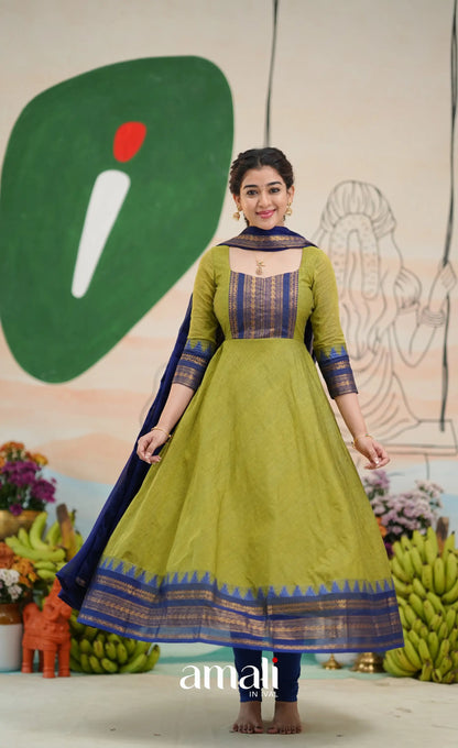 Light green and Royal blue Chettinad Cotton Anarkali - Anarkalis