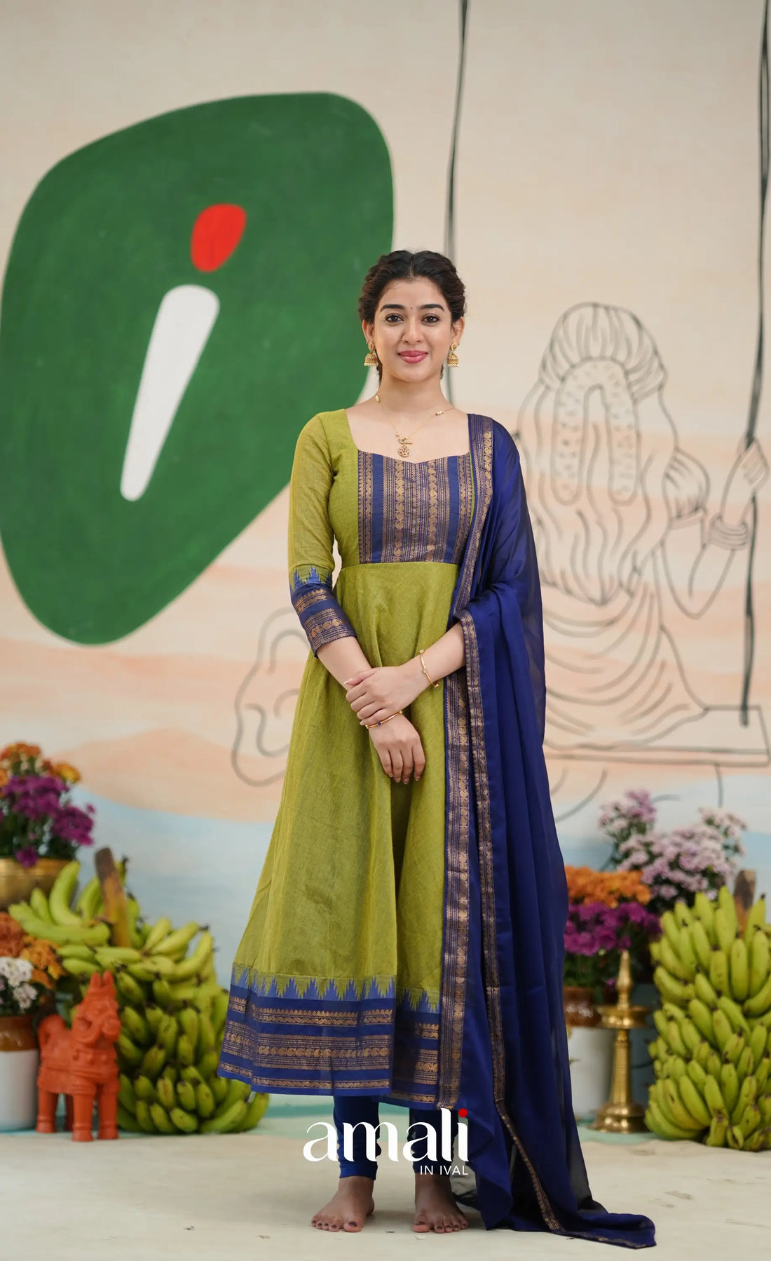 Light green and Royal blue Chettinad Cotton Anarkali - Anarkalis