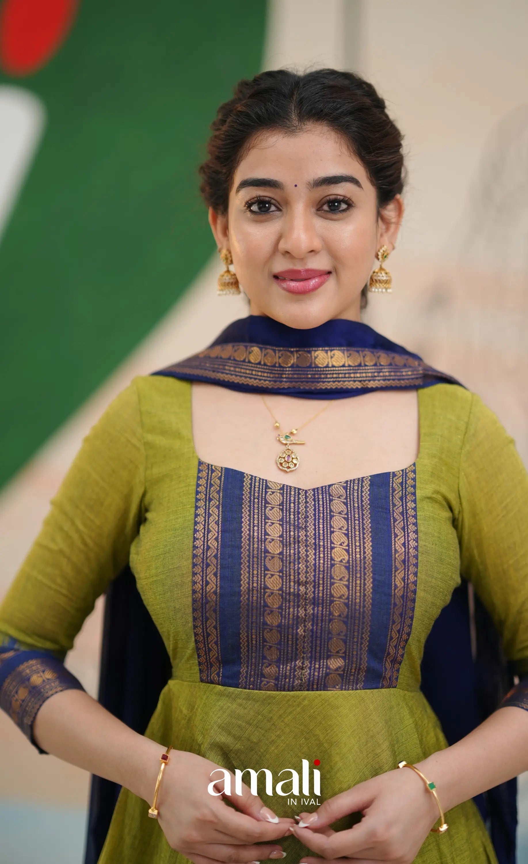 Light green and Royal blue Chettinad Cotton Anarkali - Anarkalis