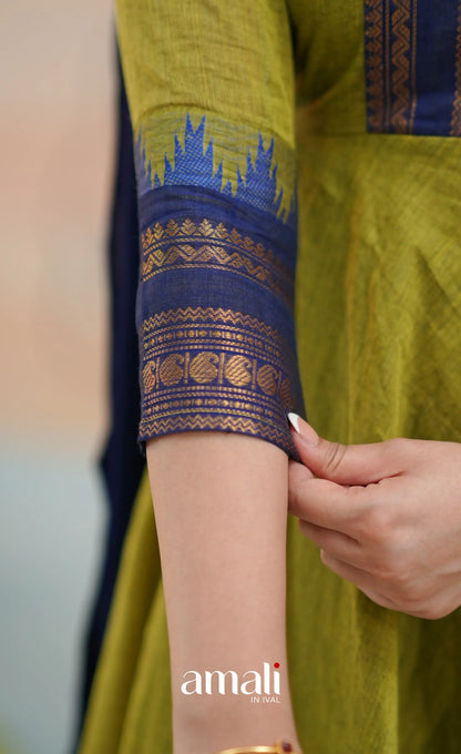 Light green and Royal blue Chettinad Cotton Anarkali - Anarkalis
