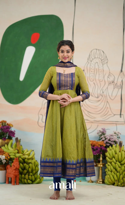 Light green and Royal blue Chettinad Cotton Anarkali - Anarkalis