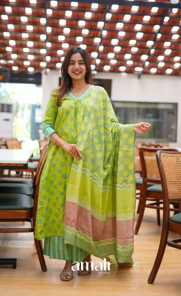 Light Green shades Jaipur Cotton A-line Salwar Set - salwar