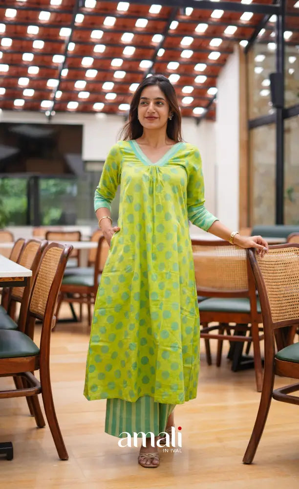 Light Green shades Jaipur Cotton A-line Salwar Set - salwar