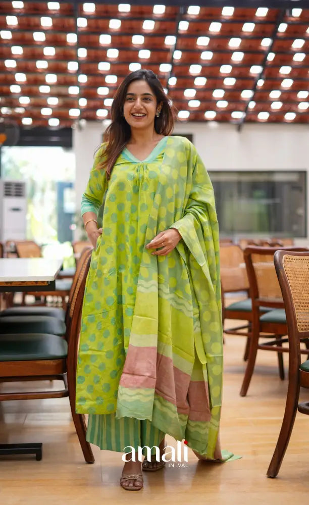 Light Green shades Jaipur Cotton A-line Salwar Set - salwar