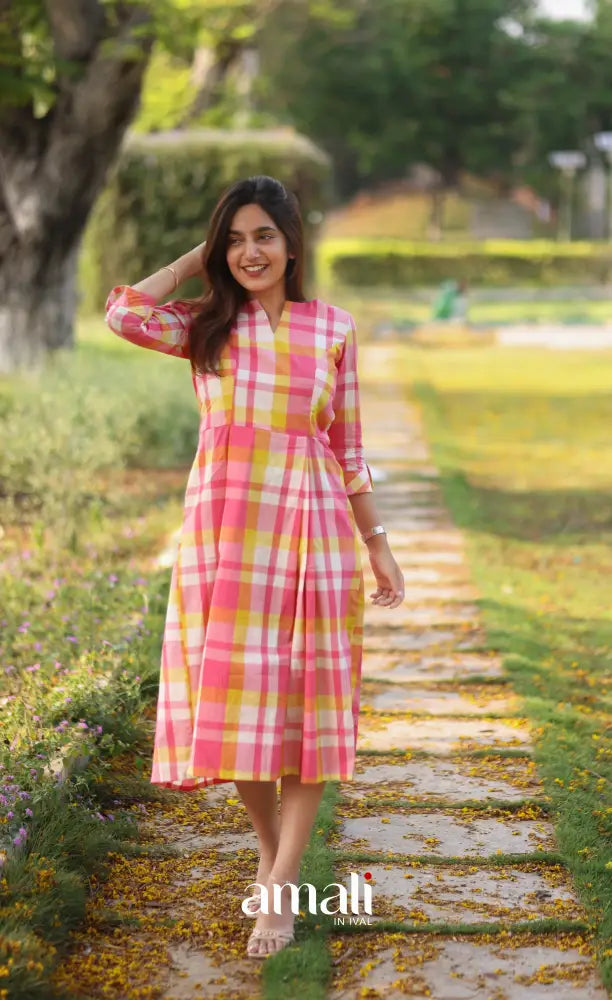 Light Pink Checks Indo Western Dress - salwar
