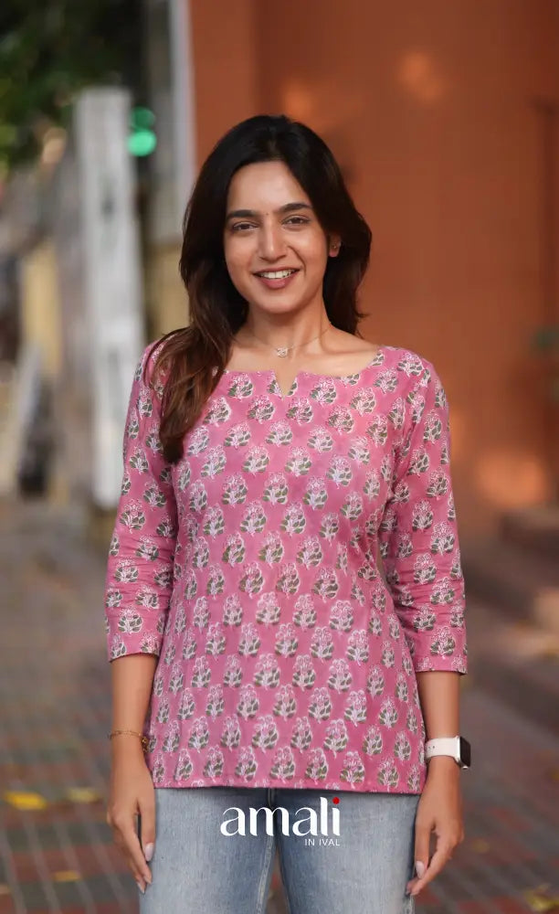 Light Pink Jaipur Hand Block-Printed Short Top - salwar