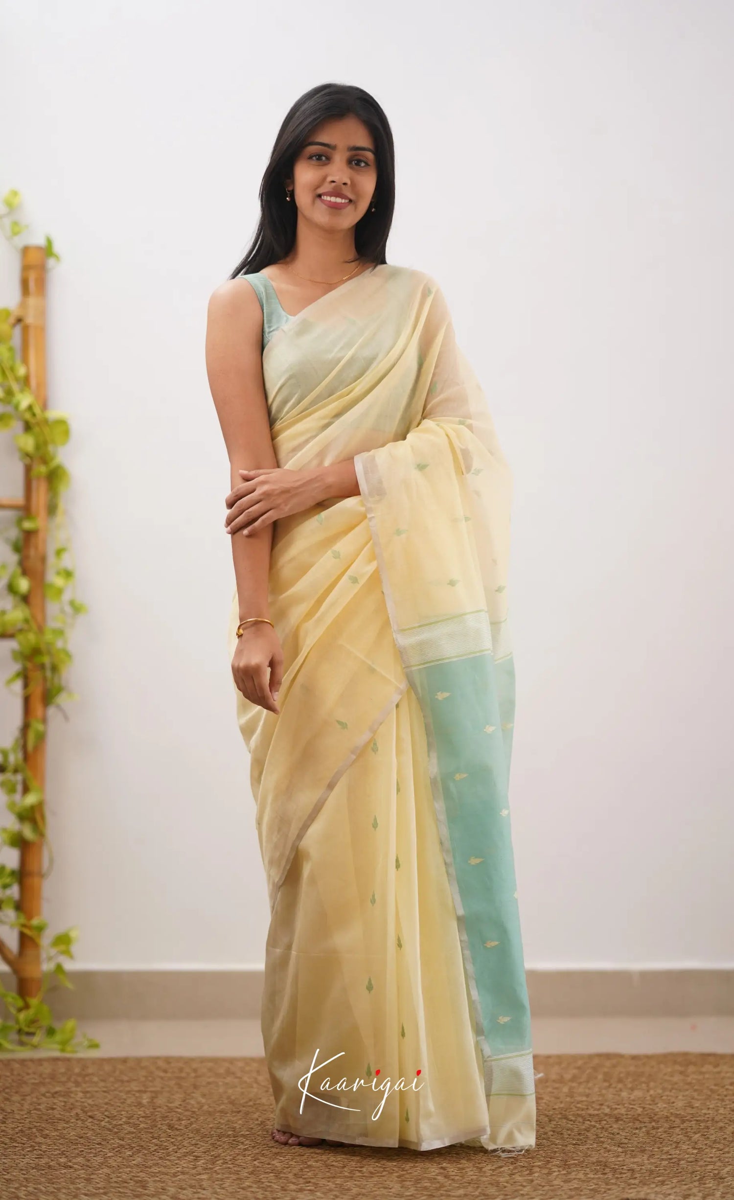 Aadrika- Cream And Light Teal Pure Maheshwari Silk Cotton Saree Sarees