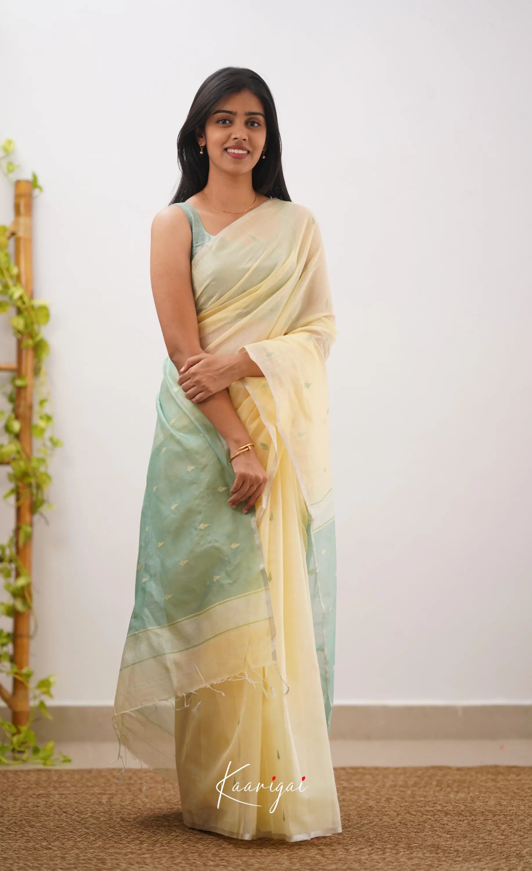 Aadrika- Cream And Light Teal Pure Maheshwari Silk Cotton Saree Sarees