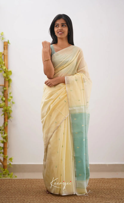 Aadrika- Cream And Light Teal Pure Maheshwari Silk Cotton Saree Sarees