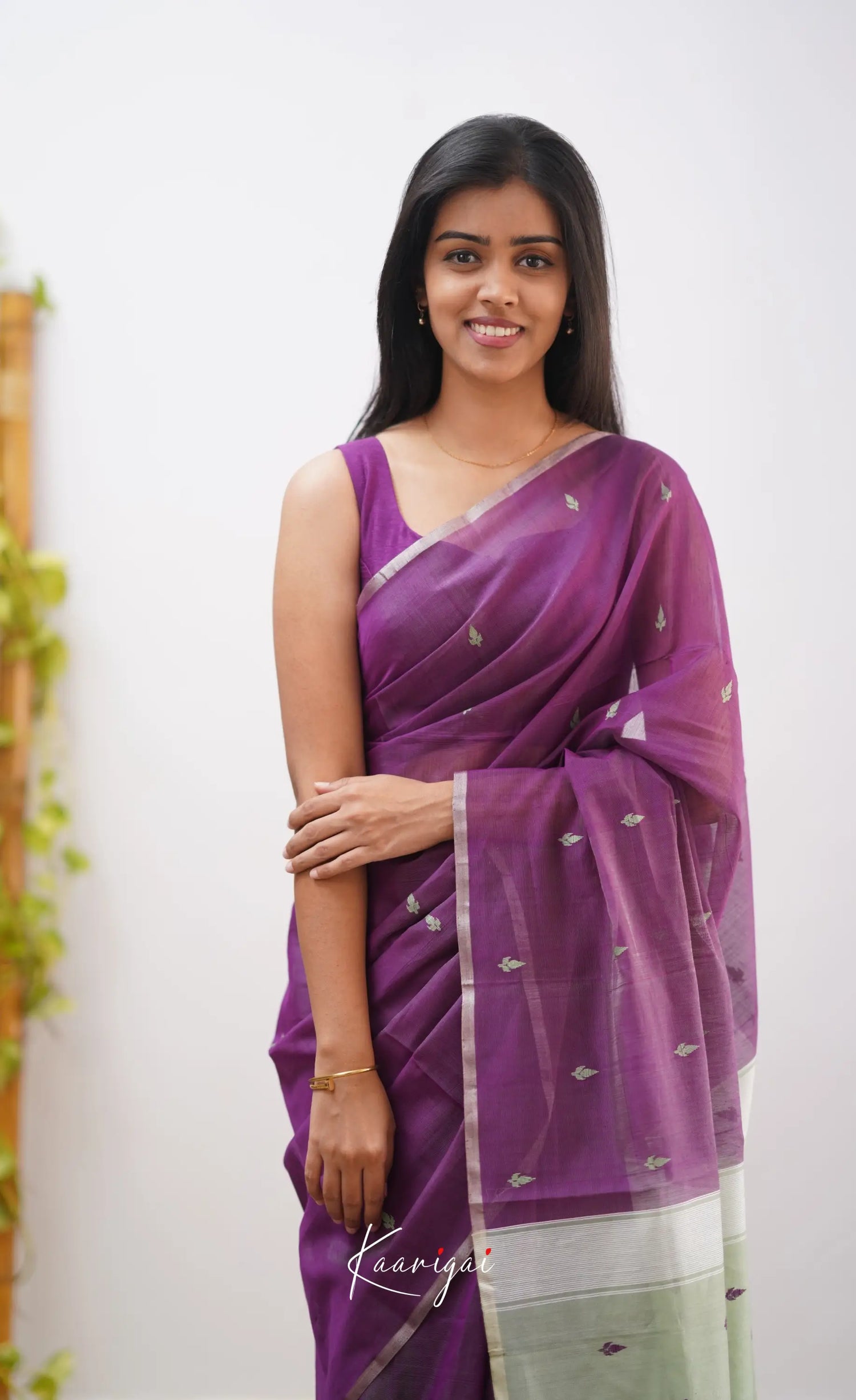 Aadrika- Dark Purple And Pastel Green Pure Maheshwari Silk Cotton Saree Sarees